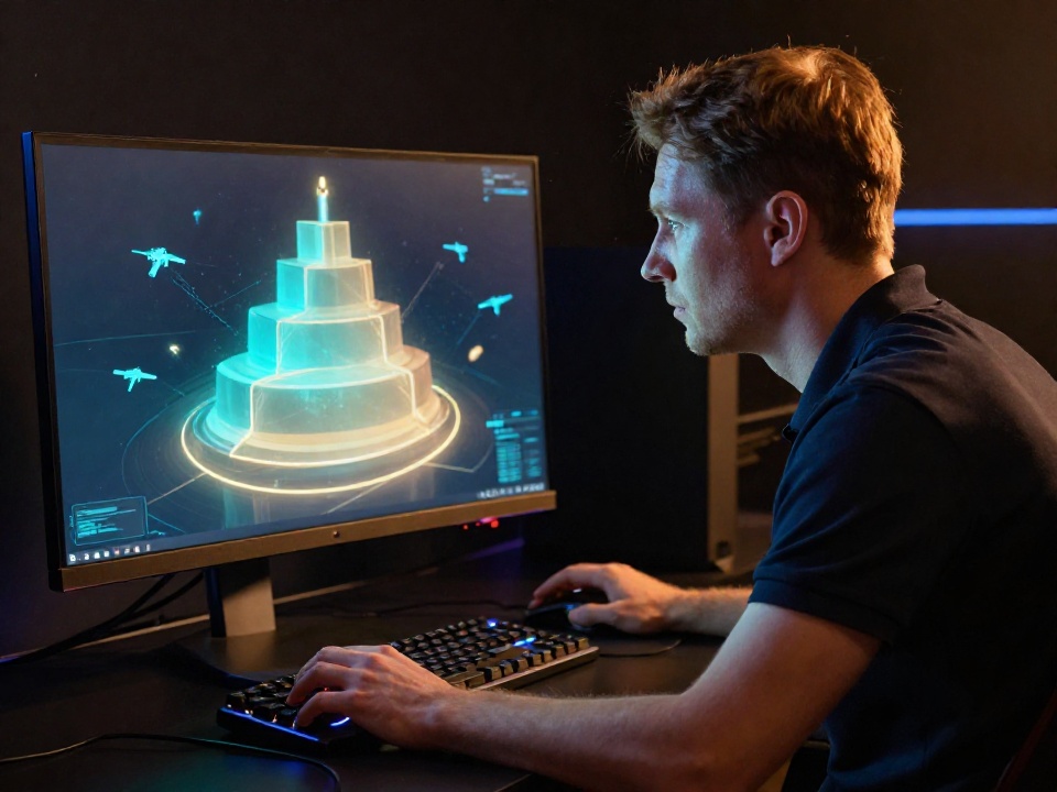 Игрок CS2 за игровым компьютером в момент обдумывания апгрейда скинов, неоновая подсветка, напряжённая концентрация